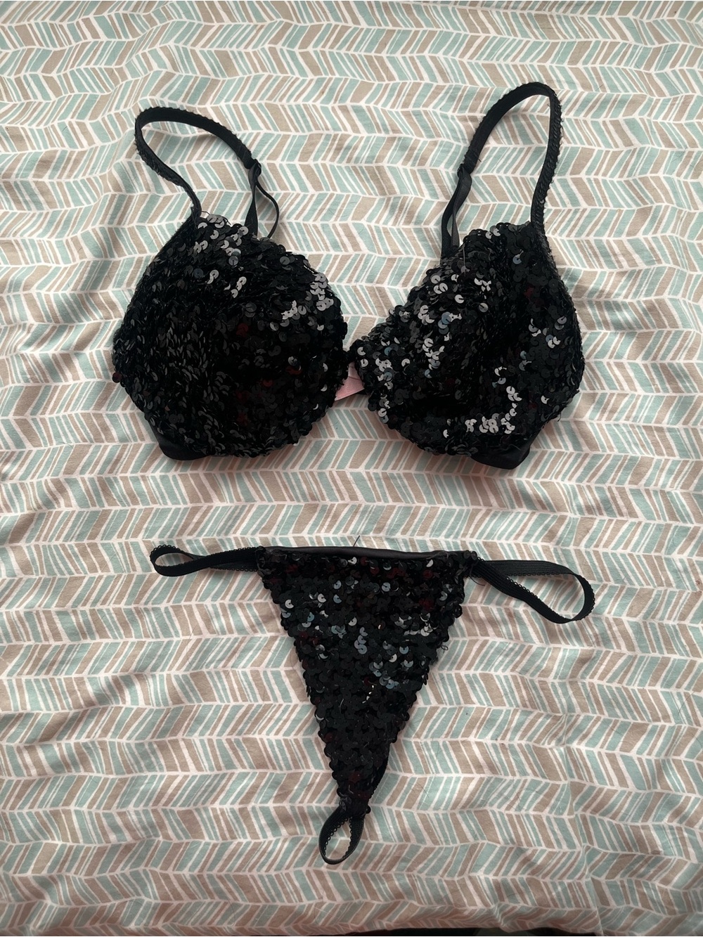 Victoria’s Secret vintage Y2K black sequined bra and thong panty set